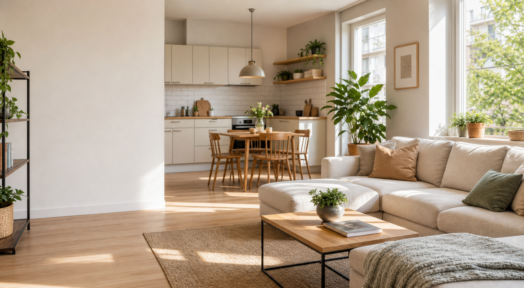 Sala de estar luminosa e acolhedora com cozinha e zona de refeições